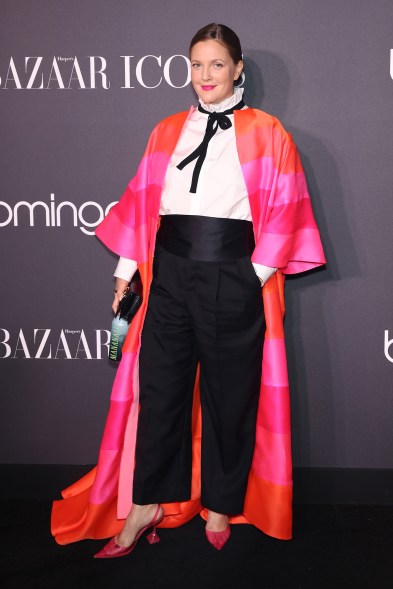 Drew Barrymore wears Christopher John Rogers and Ralph Lauren at the Bloomingdale’s 150 x Harper's Bazaar Icons party during NYFW 2022.