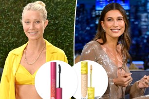 Gwyneth Paltrow and Hailey Bieber with insets of a lipstick and a mascara tube