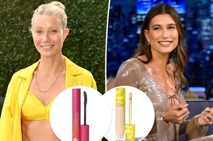 Gwyneth Paltrow and Hailey Bieber with insets of a lipstick and a mascara tube