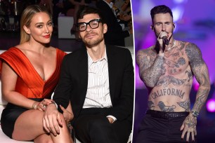 A split image of Matthew Koma with Hilary Duff and Adam Levine on stage.
