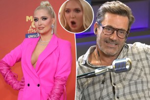 A split of Erika Jayne and Jon Hamm and a photo of Jayne from "RHOBH" in the inset.