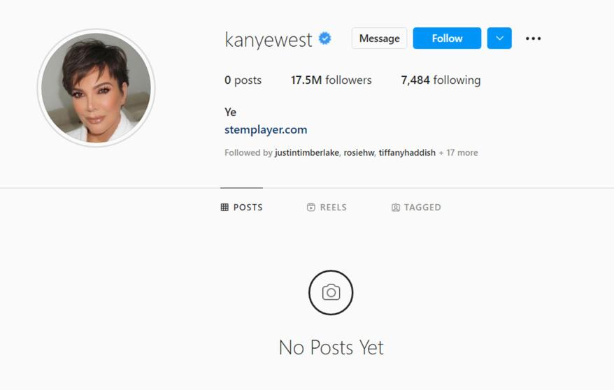 screenshot of Kanye West's instagram bio with kris jenner avatar