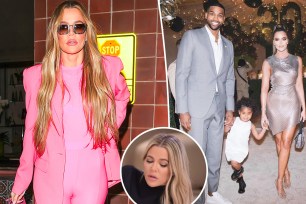 A split photo of Khloé Kardashian and her posing with Tristan Thompson and True along with a small photo of Kardashian talking