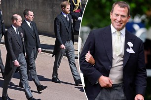 Prince William, Duke of Cambridge, Peter Phillips and Prince Harry, Duke of Sussex follow Prince Philip, Duke of Edinburgh's coffin during his funeral procession to St. George's Chapel, Windsor Castle on April 17, 2021 in Windsor, England, split with Peter Phillips.