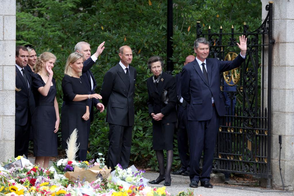 Britain's Prince Andrew, Prince Edward, his wife Sophie, Countess of Wessex, Lady Louise Windsor and Princess Anne view floral tributes outside Balmoral Castle, following the passing of Britain's Queen Elizabeth, in Balmoral, Scotland, Britain, September 10.