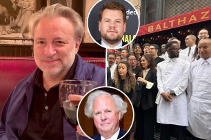 keith mcnally holding a glass of wine and james corden on a red carpet and graydon carter with picture of staff at balthazar restuarant