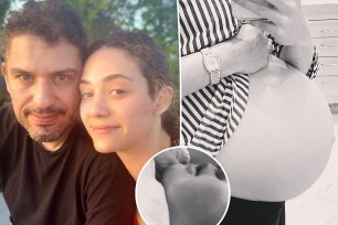 A split photo of a selfie of Emmy Rossum and Sam Esmail and Emmy Rossum's pregnant belly and a small photo of her baby