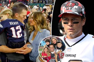 A split of photos of Tom Brady alone and with Gisele Bündchen, and a photo of them with their family in the inset.