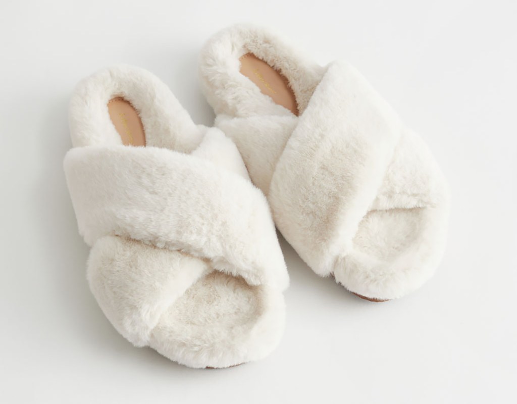 white shearling slippers
