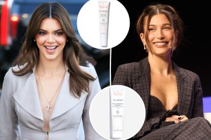 Kendall Jenner and Hailey Bieber with insets of skincare products in white bottles with orange writing