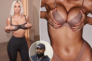 Kim Kardashian modeling lingerie with an inset image of Kanye West