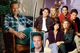 A split photo of Matthew Perry sitting and the "Friends" cast posing for a cast photo and a small photo of Matthew Perry's book cover