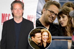 A split of photos of Matthew Perry on a red carpet and with Lizzy Caplan, and Julia Roberts in the inset.