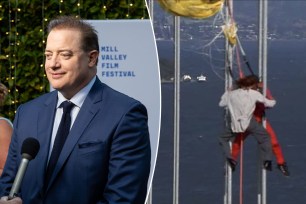 Left image is Brendan Fraser giving an interview at the premiere of "The Whale" at 45th Mill Valley Film Festival at The Outdoor Art Club on Oct. 13, 2022 in Mill Valley, California; Right image is George rescues a parachutist in "George of the Jungle."