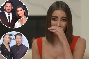 A photo of Olivia Culpo crying and photos of her and her exes Nick Jonas and Danny Amendola in the inset.