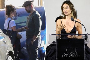 A split photo of Olivia Wilde talking to Jason Sudeikis and a photo of Olivia Wilde talking at the Women of Hollywood celebration