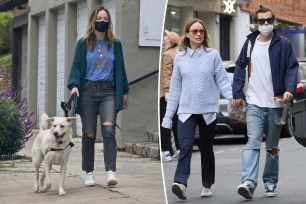 A split of Olivia Wilde walking her dog and holding hands with Harry Styles.
