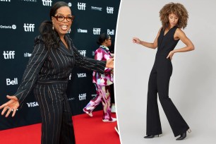 A split photo of Oprah Winfrey in a black suit and a model wearing a Spanx jumpsuit