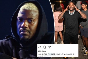 A split photo of Ray J looking straight ahead along with a photo of him walking and a screenshot of one of his Instagram captions