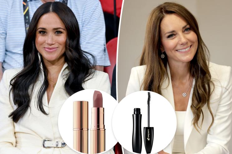 Kate Middleton and Meghan Markle with insets of lipstick and mascara