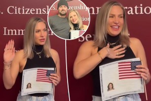 A split photo of Sharna Burgess saying her oath for her citizenship and another photo of her right after the oath and a photo of her with Brian Austin Green posing after the oath