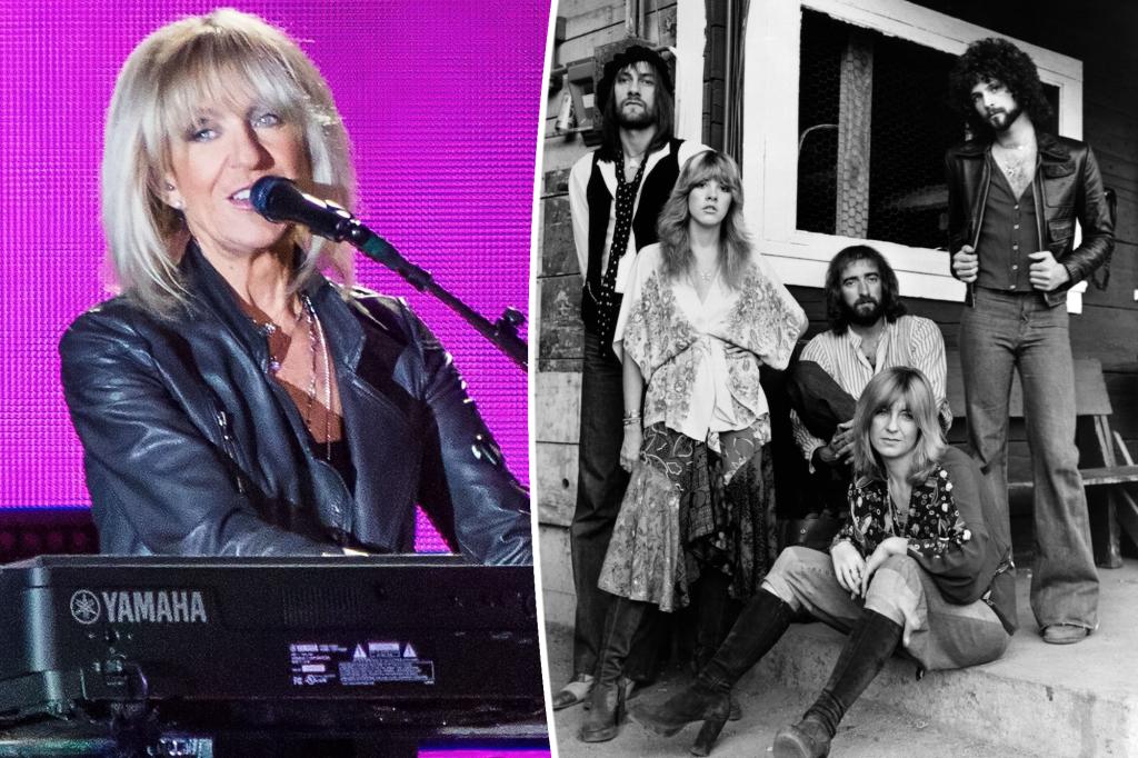 A split of a photo of Christine McVie and Fleetwood Mac.