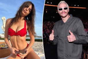 A split photo of Emily Ratajkowski posing on a beach and a photo of Pete Davidson posing