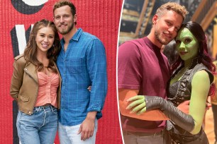 A split photo of Gabby Windey and Erich Schwer posing for a photo together and another photo of them hugging after "DWTS"