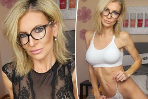 Composite image of porn star Gigi Dior showing a close up of her face wearing glasses, then another picture of her wearing white underwear.