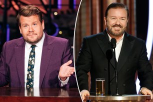 A split image of Jams Corden and Ricky Gervais.