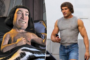 A split photo of Lord Farquaad in bed and a photo of Zac Efron acting on set