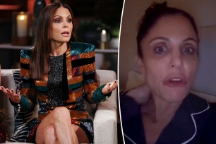 A split photo of Bethenny Frankel talking on "RHONY" and a screenshot of her Instagram video
