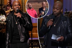 A split photo of Dave Chappelle saying his "SNL" monologue and a small photo of him with Kanye West