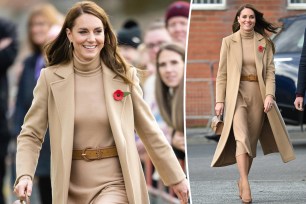 Kate Middleton in a beige coat and dress with a brown belt