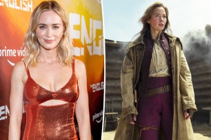 Split screen of Emily Blunt on the left side on the red carpet in orange and Emily Blunt on the right as her role in The English."