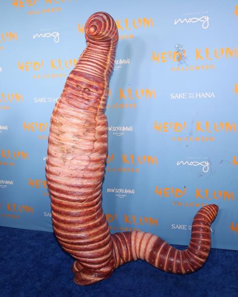 Heidi Klum in her worm costume at her Halloween party.