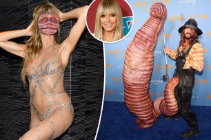 Heidi Klum at her 2022 Halloween party with an inset of the model on a red carpet.