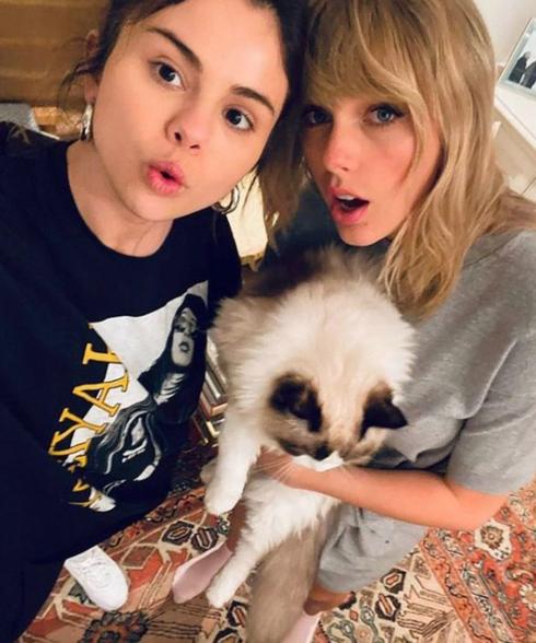 Selena Gomez and Taylor Swift take a selfie with a cat