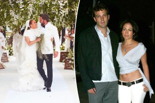 A composite of Jennifer Lopez and Ben Affleck walking down the aisle at their wedding and one of them from when they dated in the early 2000s.