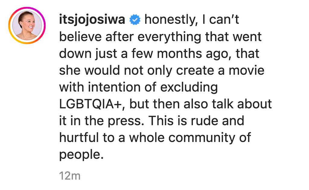 A screenshot of JoJo Siwa's Instagram caption