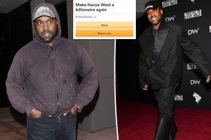 A split photo of Kanye West walking and another photo of him walking along with a small screenshot of the GoFundMe page