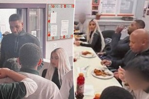 A split of photos of Kim Kardashian and Tristan Thompson volunteering.