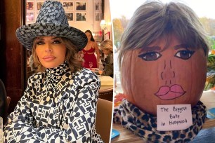 A split of Lisa Rinna and a pumpkin decorated to look like her.