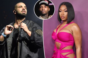 A collage of photos of Drake, Megan Thee Stallion and Tory Lanez.