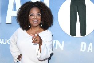 Oprah pointing at the camera wearing a white dress; an inset of hunter green leggings with pockets