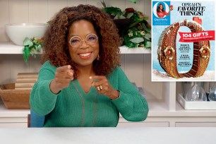 Oprah in a green sweater pointing at the camera, inset of her magazine cover