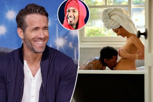 A split photo of Ryan Reynolds smiling and a photo of Alyssa Scott and Nick Cannon in their maternity shoot along with a small photo of Nick Cannon smiling