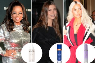 Oprah, Hailey Bieber and Kim Kardashian with insets of three skincare and haircare products