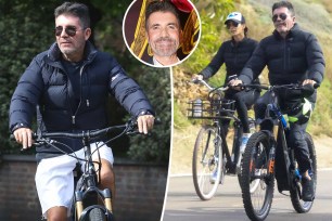 Simon Cowell on bike. Inset of his face.