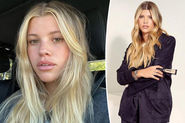 Sofia Richie taking a selfie split with a picture of Sofia Richie posing in a black suit